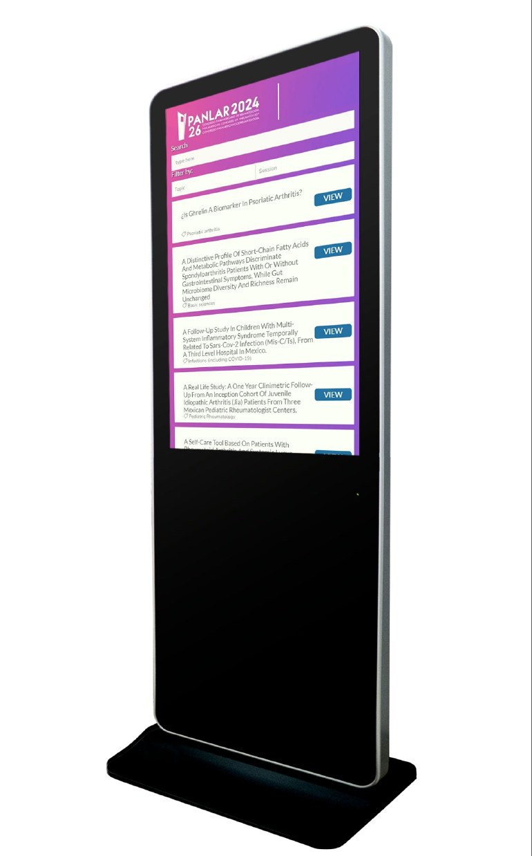 Tótem vertical mostrando e-posters en un evento