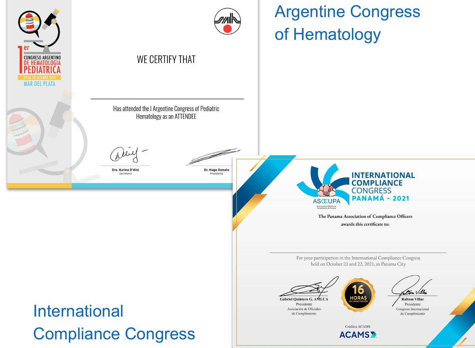 Certificates issued for the Congreso Argentino de Hematologia and the Congreso Internacional de Cumplimiento