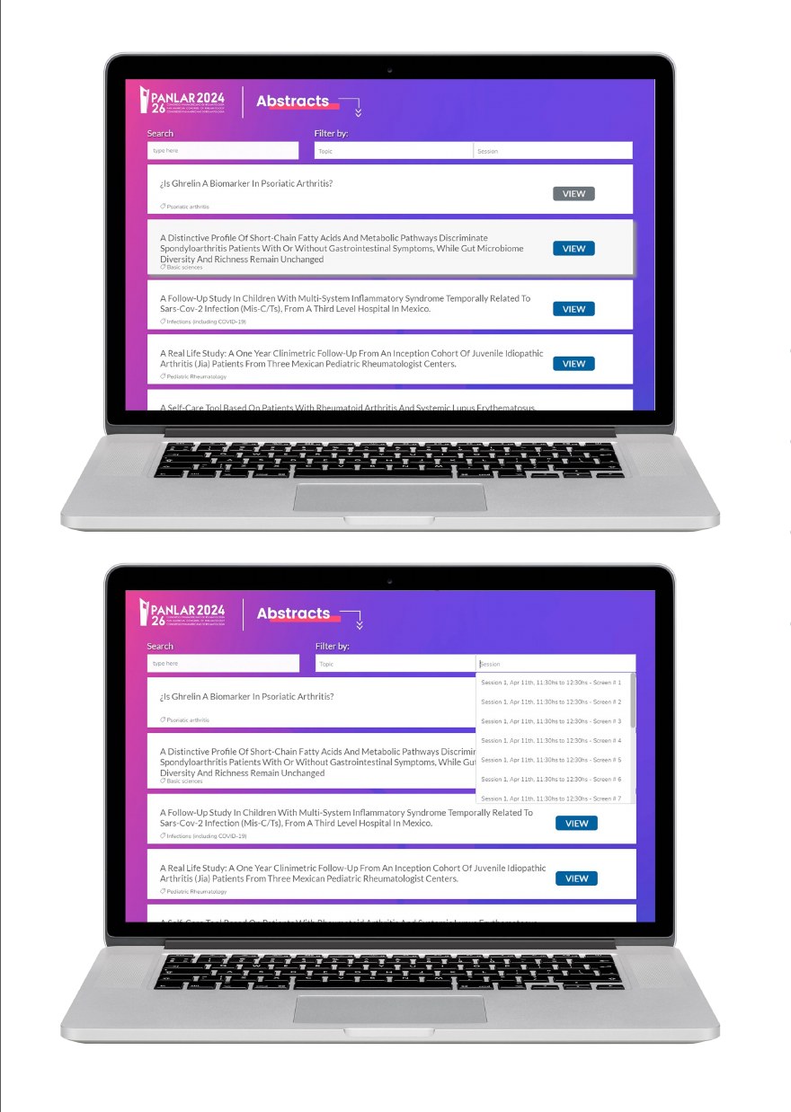 E-poster screens with search and filters