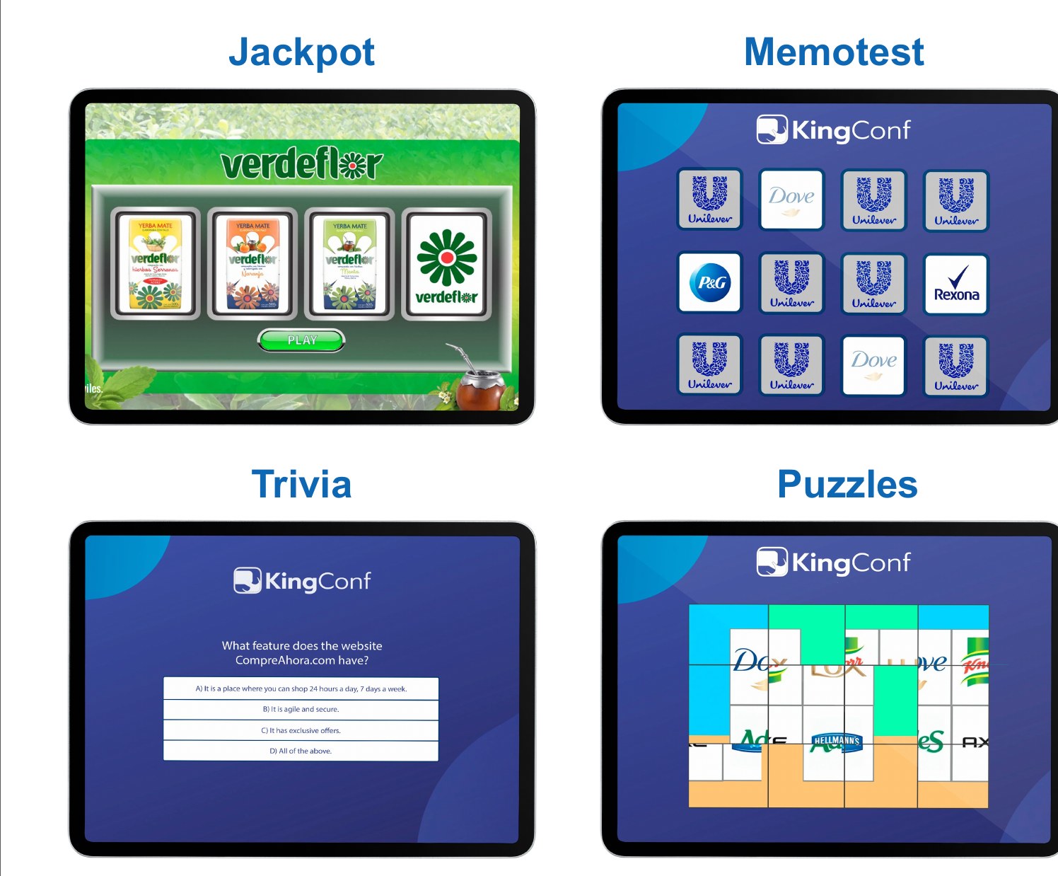 Four interactive games: Jackpot, Memory, Trivia and Puzzle