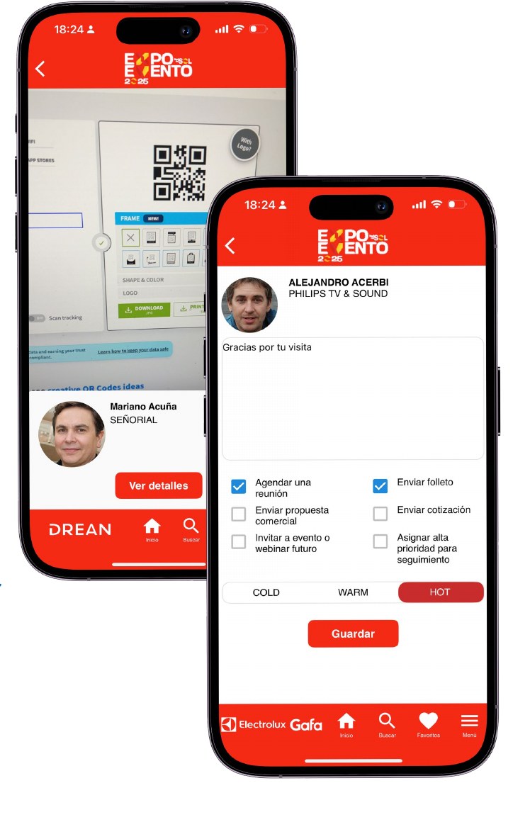 KingConf app screens showing the QR scanner and the contact card