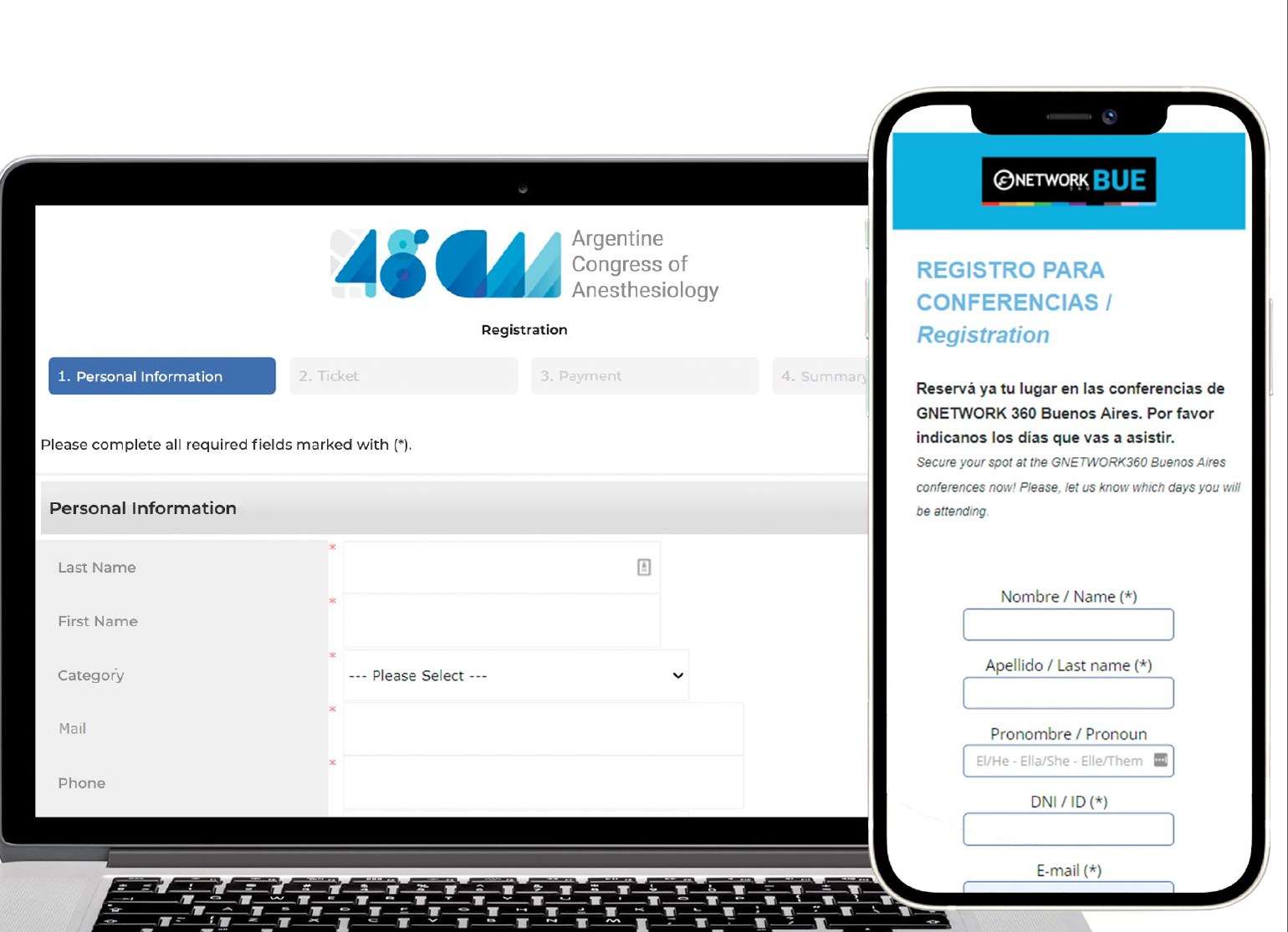 Registration form examples on desktop and mobile